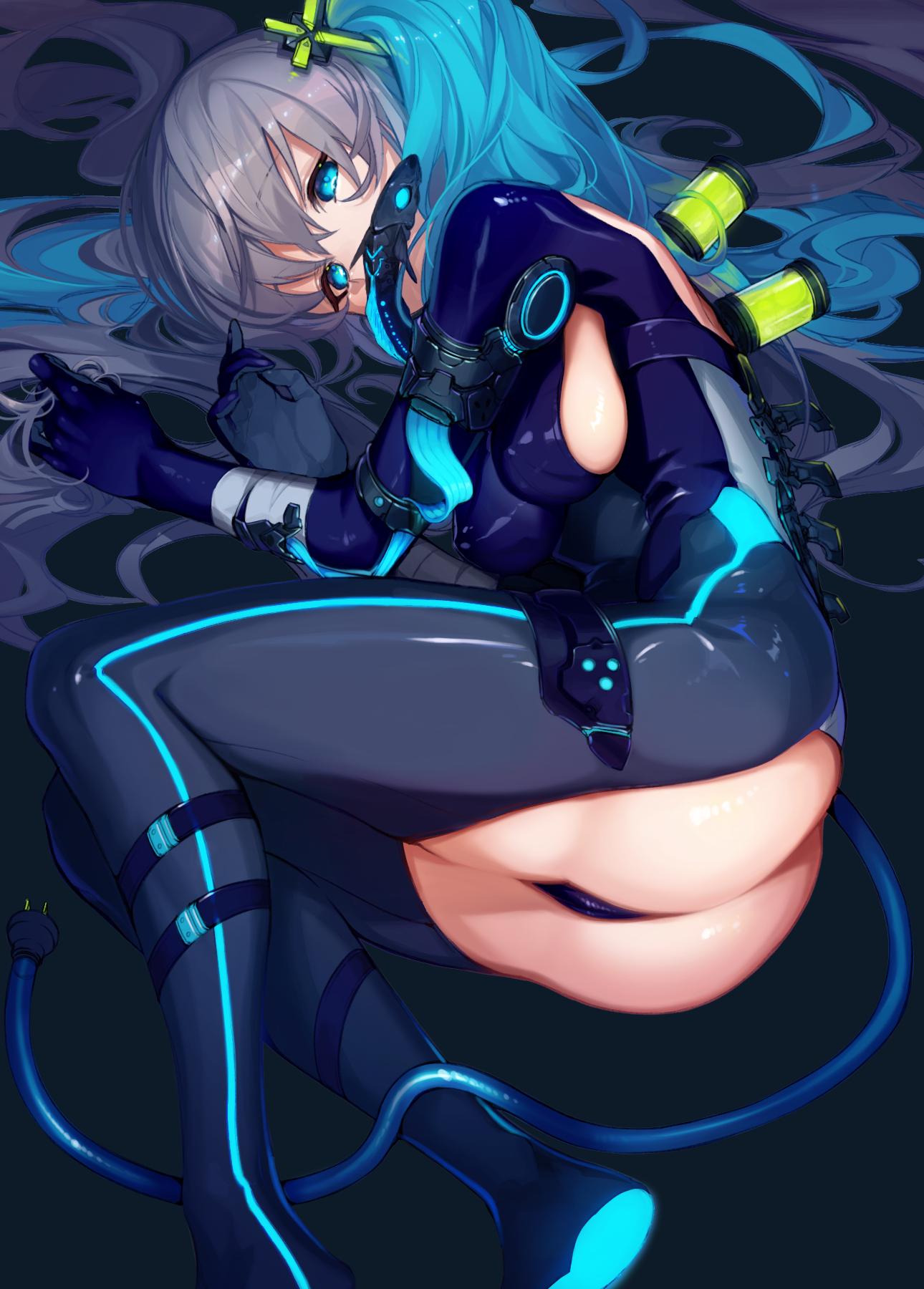 1girl ass black_background blue_eyes blue_hair breasts commentary_request electric_plug grey_hair hair_ornament highres large_breasts long_hair looking_at_viewer lying multicolored_hair nishikikope on_back original sideboob simple_background solo two-tone_hair very_long_hair