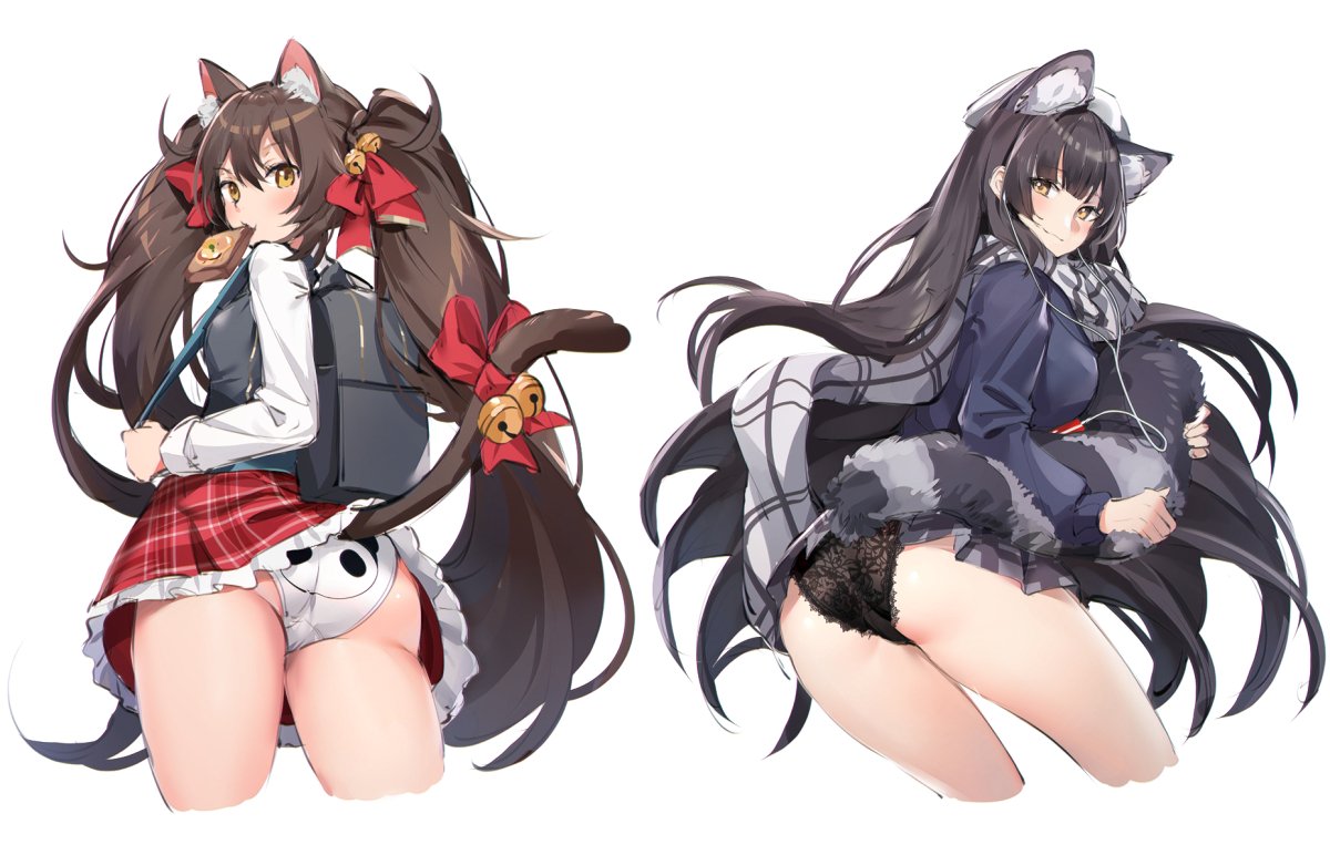 2girls alternate_costume animal_ears animal_print ass bag bangs bell black_hair black_panties blush breasts cat_ears cat_tail cropped_legs earphones eyebrows_visible_through_hair food food_in_mouth from_behind girls_frontline grey_scarf grey_vest hair_bell hair_ornament holding_tail jingle_bell large_breasts long_hair looking_at_viewer looking_back mamemena mouth_hold multiple_girls panties petticoat plaid plaid_skirt pleated_skirt purple_skirt purple_sweater qbz-95_(girls_frontline) qbz-97_(girls_frontline) red_skirt ribbon scarf school_bag shirt simple_background skirt smile sweater tail tail_bell tail_ribbon toast toast_in_mouth twintails underwear very_long_hair vest white_background white_panties white_shirt yellow_eyes