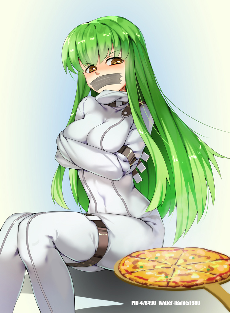 1girl bodysuit bound bound_arms bound_legs breasts c.c. code_geass commentary_request eyebrows_visible_through_hair food gag green_hair haimei1980 improvised_gag long_hair medium_breasts pizza restrained straitjacket tape tape_gag tied_up yellow_eyes