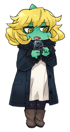 1girl blonde_hair boots cellphone coat commentary eyebrows_visible_through_hair fur_trim green_skin horn oni open_mouth original pantyhose phone short_hair skj smartphone spikes