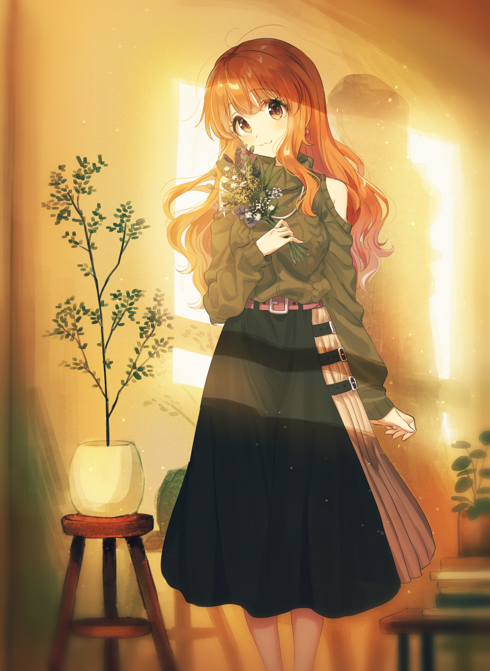 1girl :3 bare_shoulders belt blue21 brown_eyes brown_hair commentary_request earrings eyebrows_visible_through_hair feet_out_of_frame flower flower_pot head_tilt highres holding holding_flower idolmaster idolmaster_cinderella_girls jewelry light_particles long_hair long_sleeves looking_at_viewer moroboshi_kirari plant potted_plant shoulder_cutout skirt sleeves_past_wrists solo stool sweater turtleneck turtleneck_sweater wavy_hair window_shade