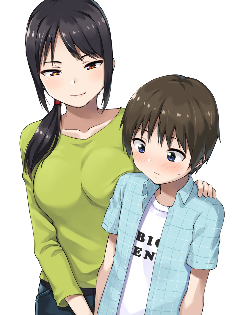 1boy 1girl age_difference black_hair blue_eyes blush brown_hair commentary hand_on_another's_shoulder hashi long_hair orange_eyes original out_of_frame ponytail short_hair white_background