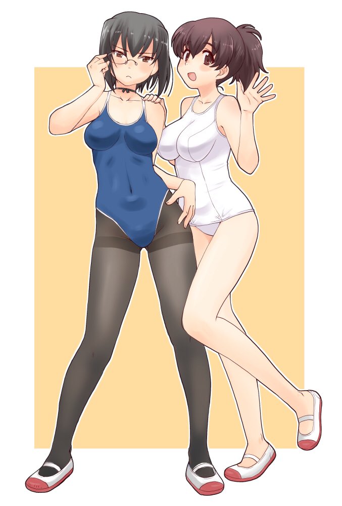 2girls adjusting_eyewear bangs black_choker black_eyes black_hair black_legwear blue_swimsuit bow_choker breasts brown_eyes brown_hair choker closed_mouth commentary_request competition_school_swimsuit covered_navel frown full_body girls_und_panzer hand_in_hair hand_on_another's_shoulder hand_on_hip kawashima_momo koyama_yuzu looking_at_viewer medium_breasts monocle multiple_girls no_socks old_school_swimsuit one-piece_swimsuit open_mouth outside_border pantyhose pantyhose_under_swimsuit revision school_swimsuit semi-rimless_eyewear shoes short_hair short_ponytail smile standing standing_on_one_leg swimsuit thighband_pantyhose under-rim_eyewear uona_telepin uwabaki waving white_footwear white_school_swimsuit white_swimsuit yellow_background