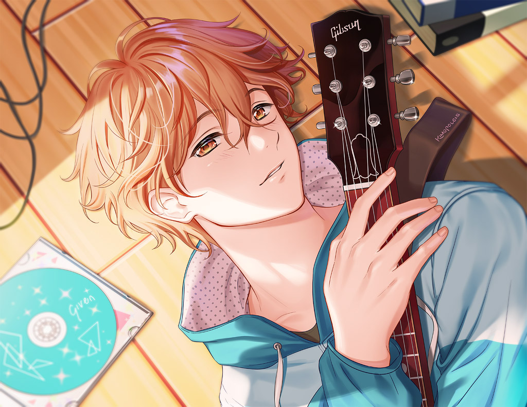 1boy book brown_eyes brown_hair cd copyright_name given guitar hair_between_eyes instrument jacket kimopoleis long_sleeves looking_at_viewer lying male_focus music on_back satou_mafuyu solo upper_body wooden_floor