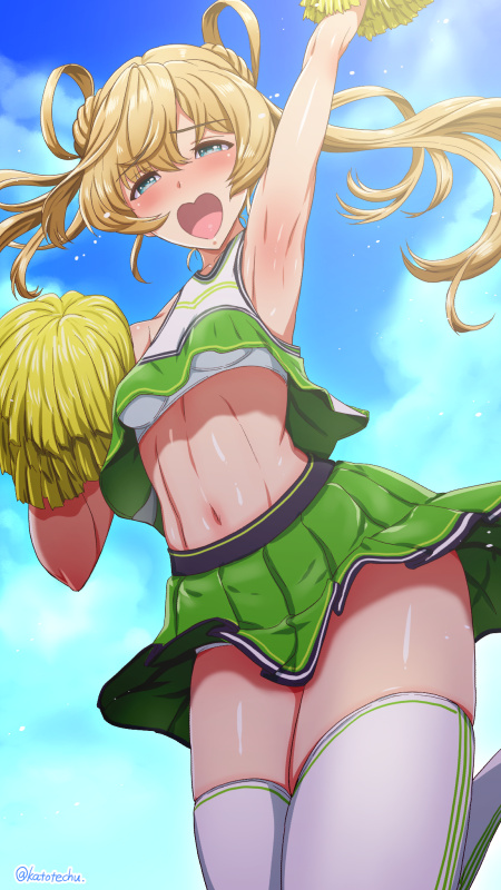 1girl :d abukuma_(kantai_collection) arm_up bangs blonde_hair blue_sky blush breasts cheerleader clouds eyebrows_visible_through_hair kantai_collection katou_techu looking_at_viewer midriff navel open_mouth pleated_skirt pom_poms skirt sky sleeveless smile solo sweat thigh-highs twintails white_legwear