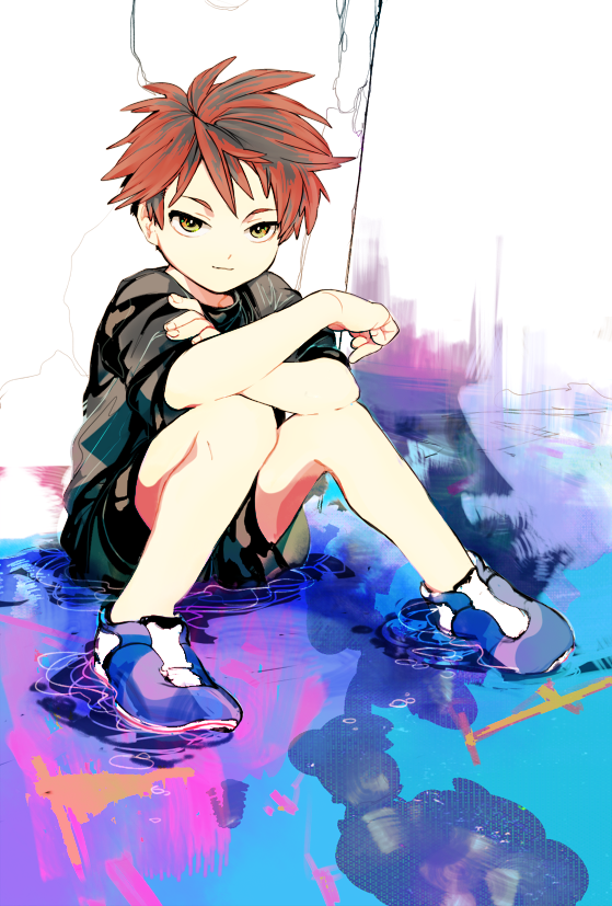 1boy black_hair full_body looking_at_viewer male_focus maruta_(ieiieiiei5316) multicolored_hair original redhead shoes shorts sitting smile sneakers solo two-tone_hair yellow_eyes