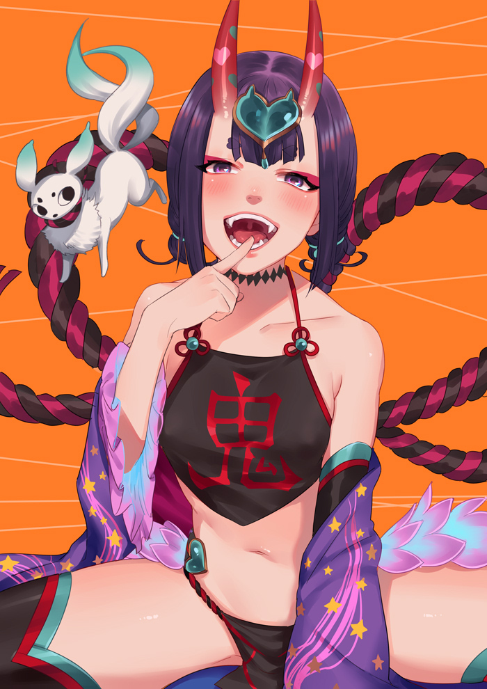 1girl bangs bare_shoulders blush breasts fate/grand_order fate_(series) horns japanese_clothes kimono looking_at_viewer navel noriuma oni oni_horns open_mouth purple_hair revealing_clothes short_hair shuten_douji_(fate/grand_order) shuten_douji_(halloween_caster)_(fate) sitting small_breasts smile solo teeth violet_eyes