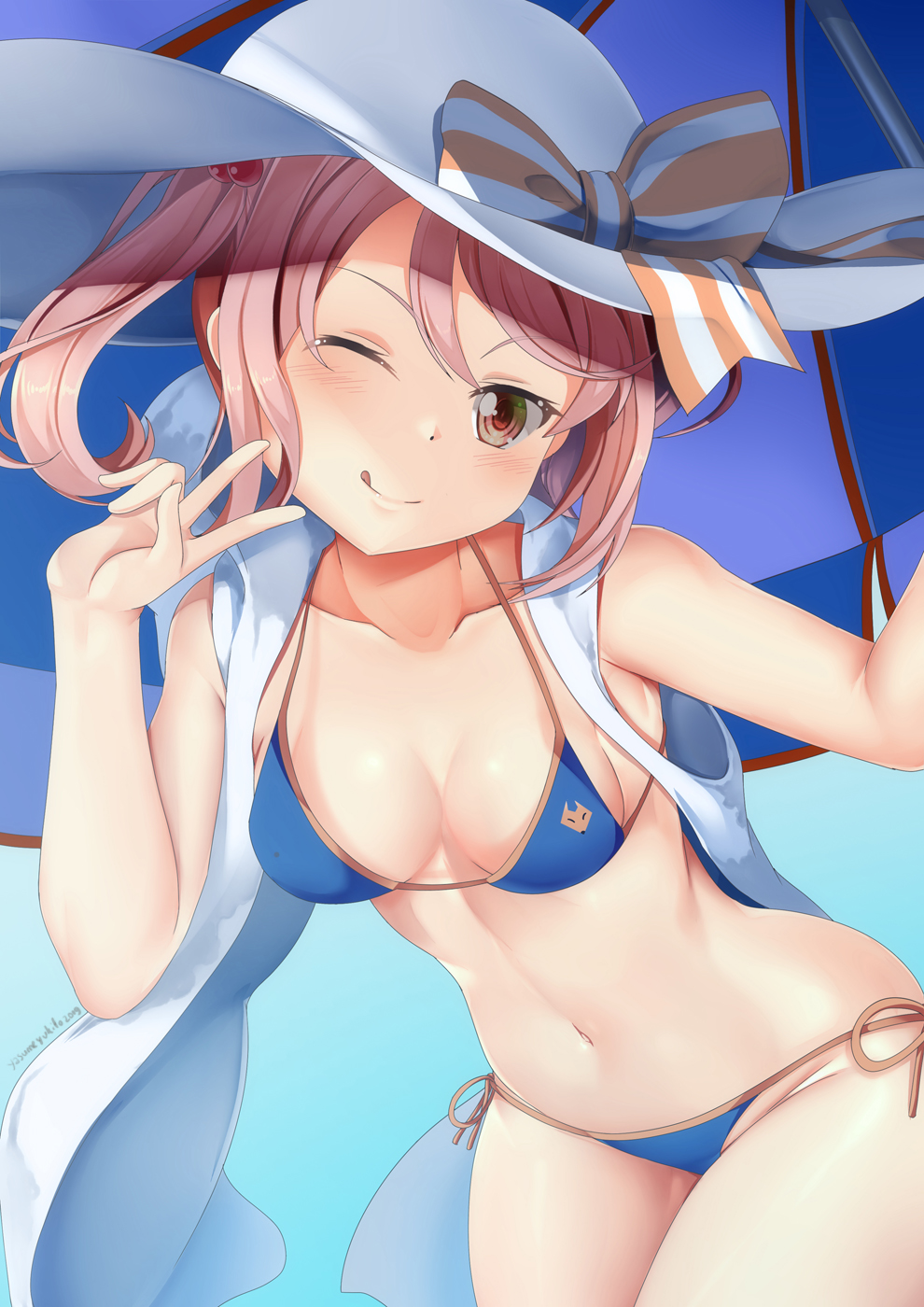 1girl ;q alternate_costume arm_up artist_name bangs bare_arms bare_shoulders beach_umbrella bent_over bikini blue_background blush bow breasts brown_eyes caster_(fate/extra)_(cosplay) collarbone commentary_request cowboy_shot cute diomedea dutch_angle fate/extra fate/grand_order fate_(series) fox fox_print gradient gradient_background hand_up hat hat_bow highres kadokawa_games kantai_collection looking_at_viewer moe navel one_eye_closed pink_hair sazanami_(kantai_collection) shiny shiny_skin side-tie_bikini sleeveless small_breasts solo striped striped_bow sun_hat swept_bangs swimsuit tamamo_(fate)_(all) tamamo_no_mae_(fate) tamamo_no_mae_(fate)_(cosplay) tamamo_no_mae_(swimsuit_lancer)_(fate) tokyo_mx tongue tongue_out twintails type-moon ufotable umbrella v white_headwear yasume_yukito