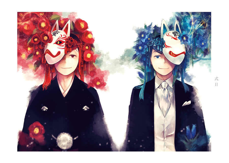 2boys black_jacket black_kimono blue_eyes blue_flower blue_hair brothers camellia closed_mouth collared_shirt flower formal hair_ornament jacket japanese_clothes kimono looking_at_viewer male_focus mask mask_on_head mask_over_one_eye matsuno_karamatsu matsuno_osomatsu mochinu multiple_boys necktie one_eye_covered osomatsu-kun osomatsu-san pom_pom_(clothes) red_eyes red_flower redhead shirt siblings side-by-side smile suit tassel upper_body vest waistcoat white_background white_neckwear white_shirt white_vest