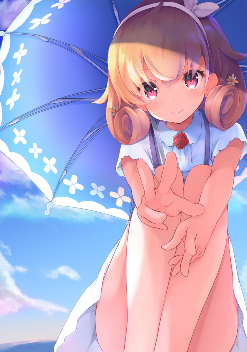 1girl azur_lane bangs bare_legs blonde_hair blue_sky carabiniere_(azur_lane) closed_mouth clouds collared_dress commentary day dress flower hair_flower hair_ornament hair_ribbon hairband holding holding_umbrella kurai_masaru looking_at_viewer outdoors parasol reaching_out ribbon shade short_sleeves sidelocks sky smile solo squatting sundress umbrella violet_eyes white_dress white_ribbon