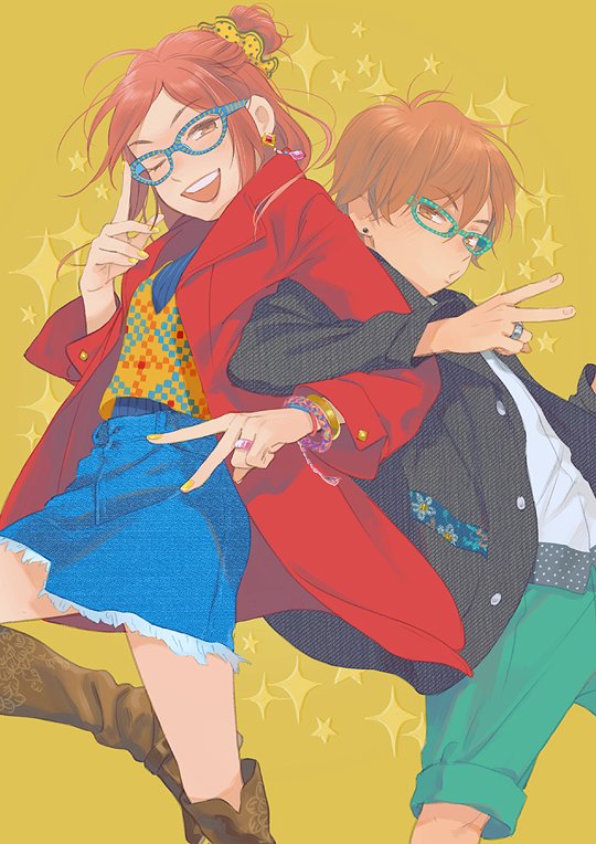 1boy 1girl ;d back-to-back bare_legs bespectacled black_jacket blue-framed_eyewear boots bracelet brown_eyes brown_footwear coat commentary denim denim_skirt earrings english_commentary eyebrows_visible_through_hair feet_out_of_frame fingernails glasses green_pants hair_bun height_difference jacket jewelry koizumi_risa leg_up locked_arms looking_at_viewer loveariddle lovely_complex o3o one_eye_closed ootani_atsushi open_mouth orange_shirt pants pouty_lips red_coat redhead ring scrunchie shirt simple_background skirt smile sparkle sparkle_background standing standing_on_one_leg teeth thigh-highs thigh_boots upper_teeth v white_shirt yellow_background yellow_nails yellow_scrunchie