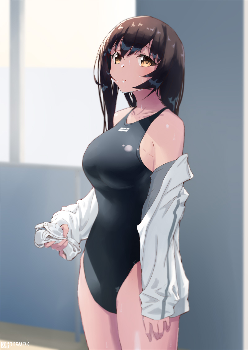 1girl bangs bare_shoulders black_hair black_swimsuit blush breasts brown_eyes closed_mouth collared_shirt dress_shirt highleg highleg_swimsuit jonsun large_breasts long_hair long_sleeves looking_at_viewer off_shoulder one-piece_swimsuit open_clothes open_shirt original shirt solo swimsuit thighs white_shirt