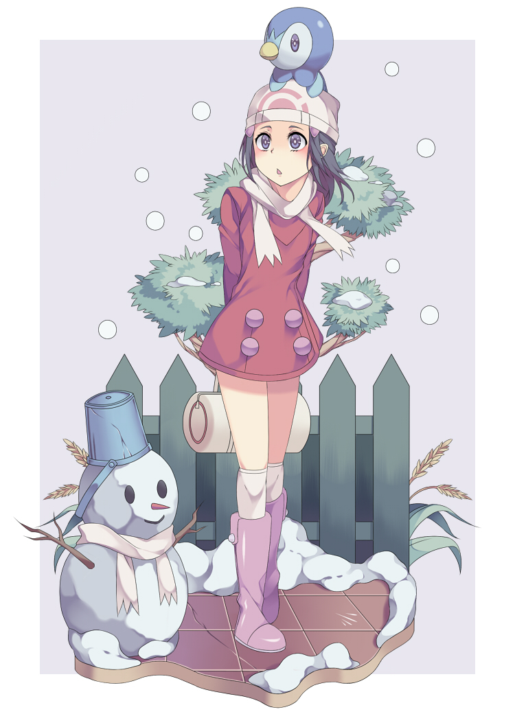 1girl bag beanie black_hair blue_eyes blush boots border bucket commentary_request dress duffel_bag fence flat_chest full_body gen_4_pokemon grass hair_ornament hairclip hat hikari_(pokemon) hikawa_meijin knee_boots long_hair long_sleeves open_mouth outdoors outside_border over-kneehighs pink_dress pink_footwear piplup poke_ball_symbol pokemon pokemon_(creature) pokemon_(game) pokemon_dppt pokemon_platinum scarf short_dress snow snowing snowman solo_focus standing stick thigh-highs tree white_border white_headwear white_legwear white_scarf