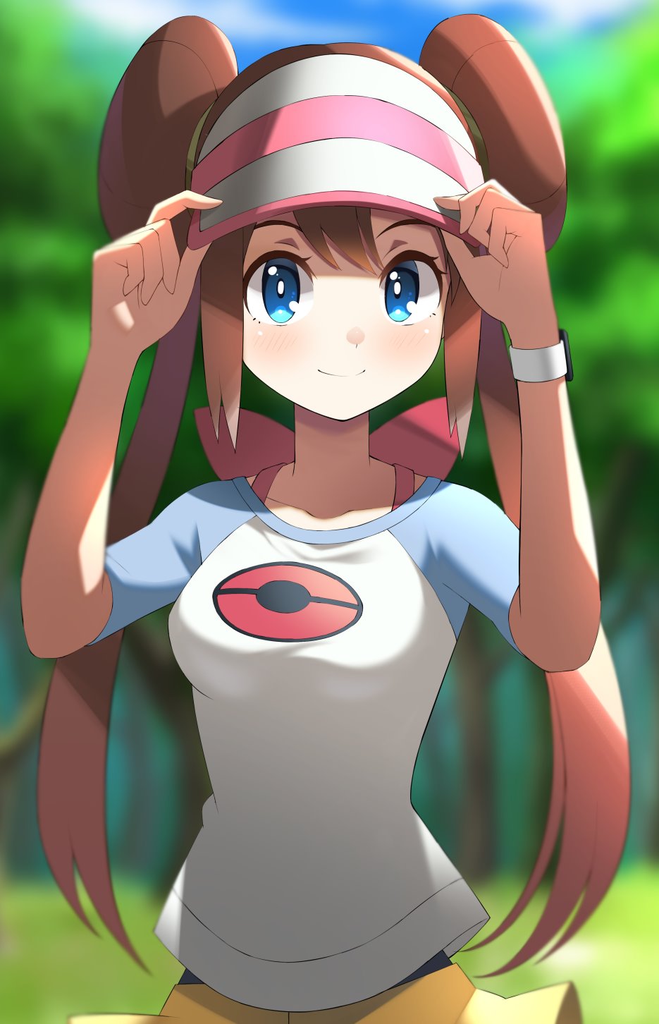 1girl atsuyah0310 blue_eyes blurry blurry_background blush breasts bright_pupils brown_hair closed_mouth collarbone commentary commentary_request cowboy_shot double_bun forest hat highres long_hair looking_at_viewer medium_breasts mei_(pokemon) nature outdoors poke_ball_symbol pokemon pokemon_(game) pokemon_bw2 pokemon_trainer putting_on_hat raglan_sleeves short_sleeves shorts smile solo twintails upper_body visor_cap white_pupils yellow_shorts