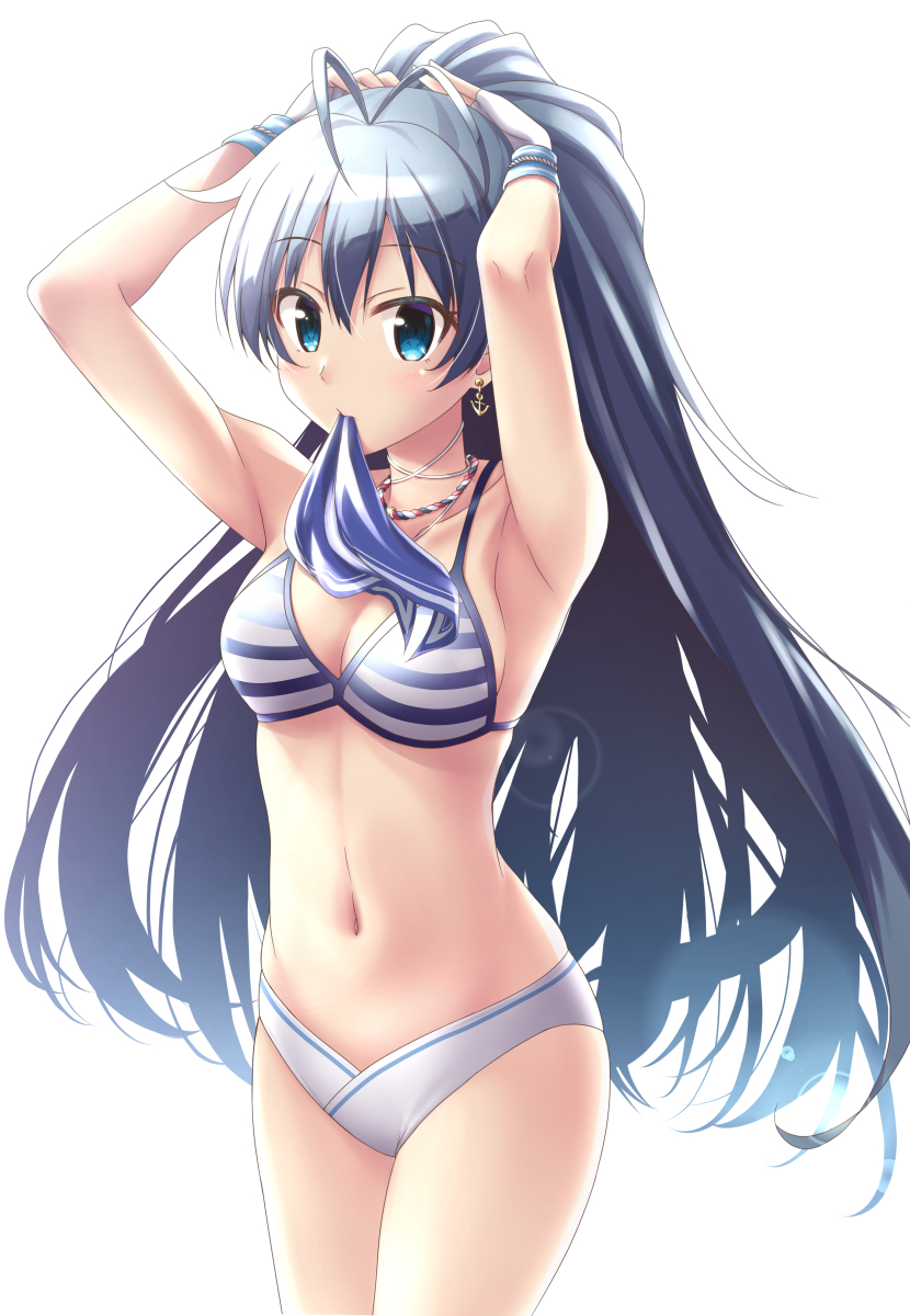 anchor_earrings antenna_hair armpits bikini blue_eyes bow collar commentary_request eyebrows_visible_through_hair fingerless_gloves ganaha_hibiki gloves hair_between_eyes hair_bow hands_in_hair highres idolmaster idolmaster_million_live! idolmaster_million_live!_theater_days long_hair looking_at_viewer mouth_hold navel ponytail ribbon ribbon_in_mouth silver_hair simple_background skywaker striped striped_bikini swimsuit very_long_hair white_background