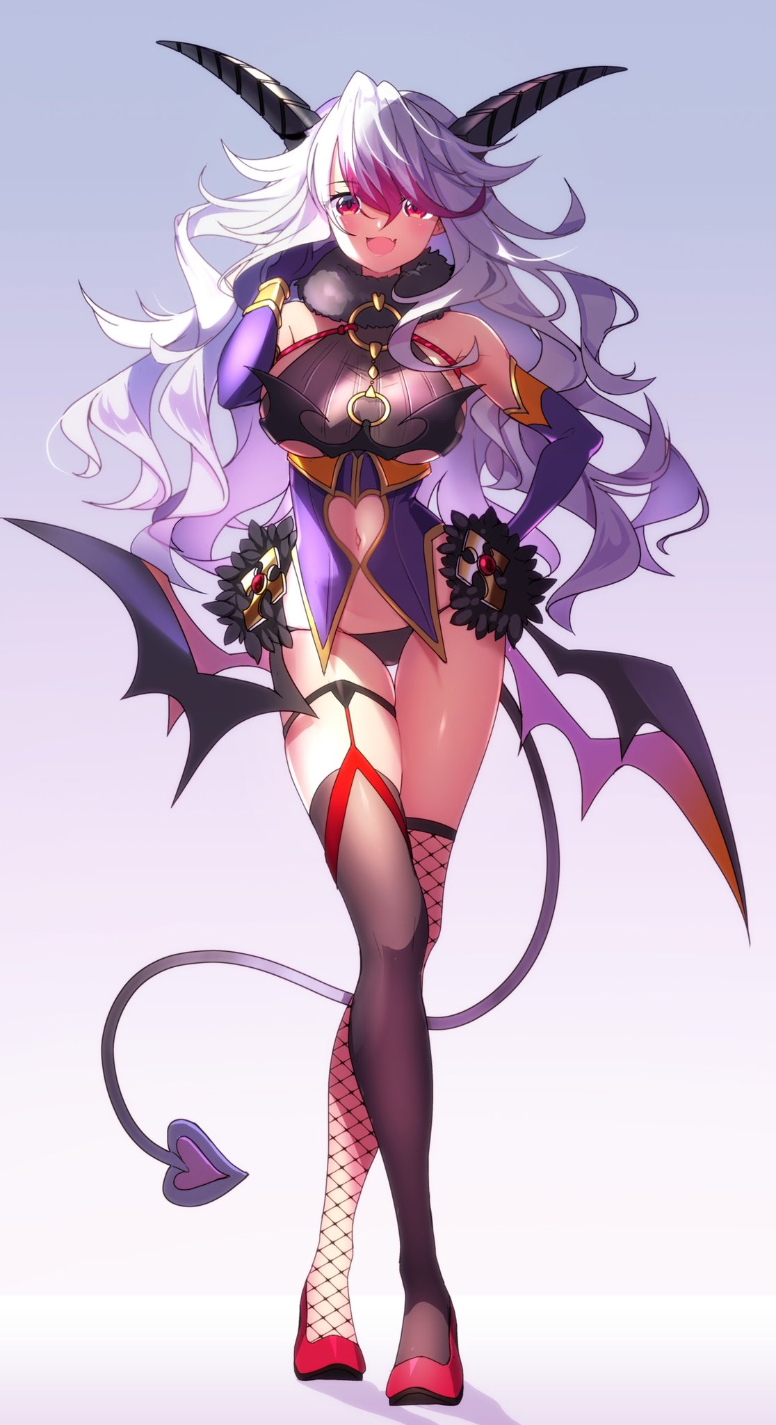1girl :d bare_shoulders black_panties breasts brown_legwear commentary_request crossed_legs demon_girl demon_horns demon_tail elbow_gloves fang fishnet_legwear fishnets full_body fur_collar gloves hand_on_hip hand_up heart_cutout high_heels highres horns large_breasts long_hair looking_at_viewer mismatched_legwear multicolored_hair nasubi_(w.c.s) navel navel_cutout no_pants open_mouth original panties purple_gloves red_eyes red_footwear redhead revealing_clothes silver_hair skindentation smile solo standing tail thigh-highs thigh_gap thighs two-tone_hair underwear watson_cross wavy_hair