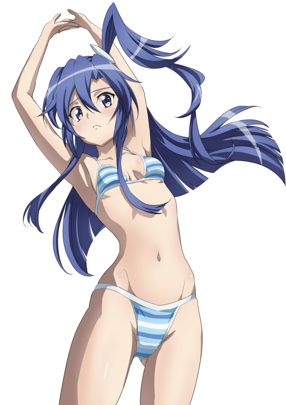 1girl armpits arms_up ass_visible_through_thighs bikini blue_hair blush breasts closed_mouth commentary_request cowboy_shot fujikawa_daichi kazanari_tsubasa long_hair looking_at_viewer navel senki_zesshou_symphogear shiny shiny_hair shiny_skin side_ponytail simple_background small_breasts solo standing striped striped_bikini swimsuit violet_eyes white_background