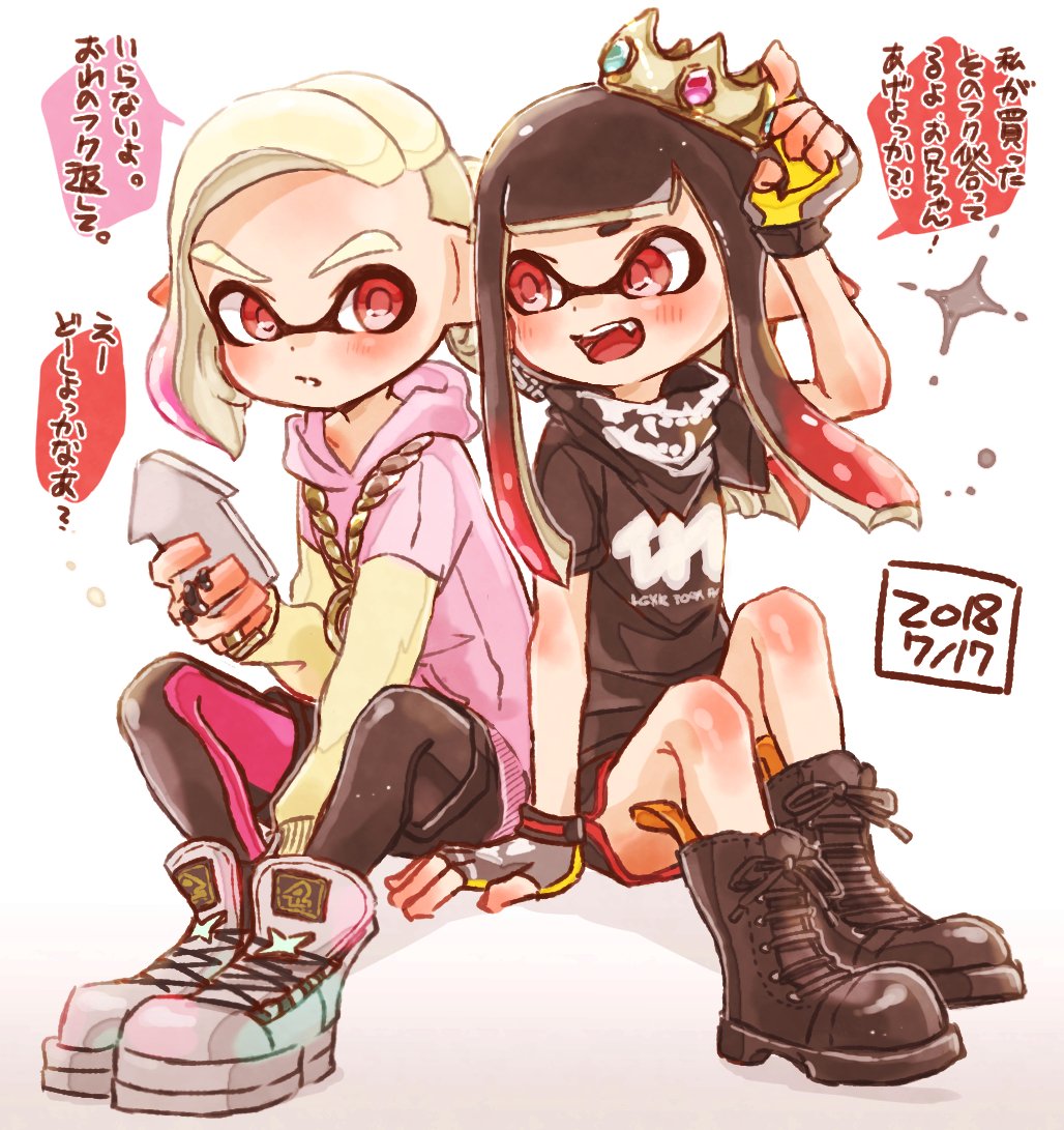 1boy 1girl bandana bangs black_bandana black_footwear black_gloves black_hair black_legwear black_shorts blunt_bangs blunt_ends boots brother_and_sister cellphone combat_boots commentary cross-laced_footwear crown dated domino_mask fang fingerless_gloves gloves gradient_hair gym_shorts harutarou_(orion_3boshi) high_tops holding holding_cellphone holding_phone hood hoodie inkling jewelry leggings legwear_under_shorts logo long_hair looking_at_viewer mask medallion multicolored_hair necklace open_mouth pantyhose phone pink_footwear pink_hair pink_shirt pointy_ears print_shirt red_eyes redhead shirt short_hair shorts siblings sitting smartphone smile splatoon_(series) splatoon_2 straight-laced_footwear t-shirt tentacle_hair white_footwear white_hair