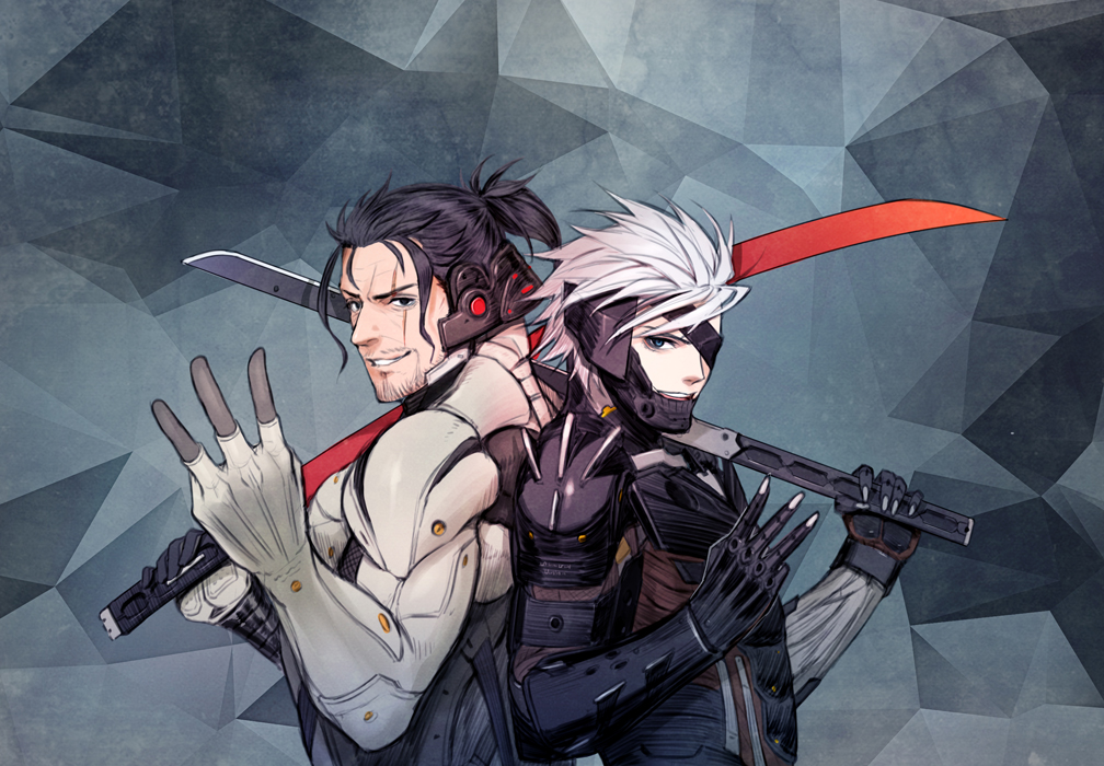 2boys back-to-back black_hair blue_eyes cyborg eyepatch holding holding_sword holding_weapon looking_at_viewer male_focus metal_gear_(series) multiple_boys nagi_(siki2n) open_mouth raiden samuel_rodrigues scar short_hair sword weapon white_hair