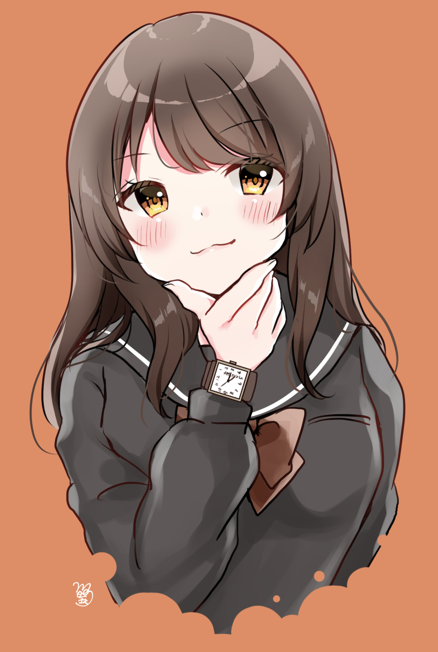 1girl bangs black_sailor_collar black_shirt blush bow brown_background brown_bow brown_eyes brown_hair chin_stroking closed_mouth commentary_request cropped_torso eyebrows_visible_through_hair fingernails highres long_hair long_sleeves looking_at_viewer minami_saki original sailor_collar school_uniform serafuku shirt signature simple_background smile solo upper_body watch watch