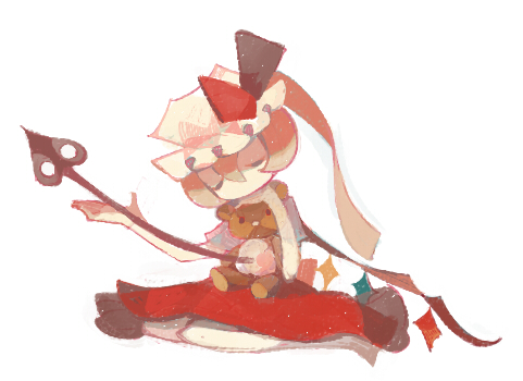 1girl blonde_hair blood bow clea closed_eyes crystal flandre_scarlet frilled_hat frills hair_between_eyes hand_up hat hat_ribbon holding laevatein long_hair lowres mob_cap red_ribbon red_skirt ribbon short_sleeves side_ponytail sitting skirt solo stuffed_animal stuffed_toy teddy_bear touhou toy weapon white_headwear white_legwear wings