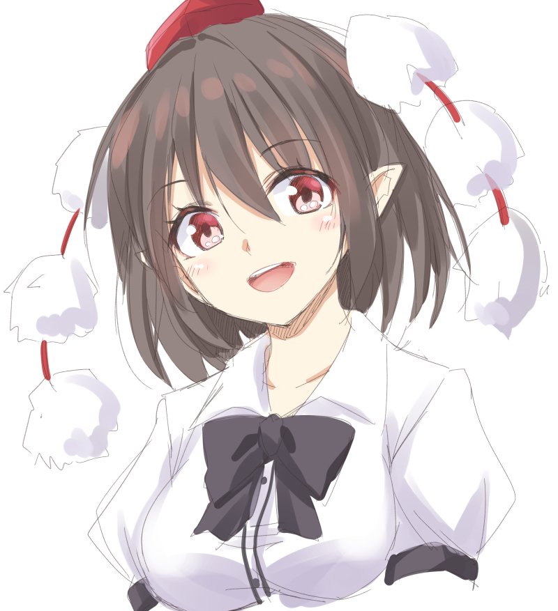 1girl :d bangs black_bow black_hair black_neckwear blush bow bowtie breasts collarbone commentary eyebrows_visible_through_hair hair_between_eyes hat head_tilt kue looking_at_viewer medium_breasts open_mouth pointy_ears pom_pom_(clothes) puffy_short_sleeves puffy_sleeves red_eyes shameimaru_aya shirt short_hair short_sleeves simple_background sketch smile solo tokin_hat touhou upper_body white_background white_shirt