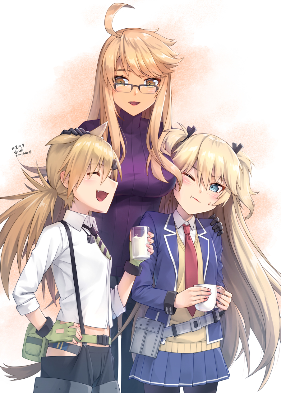 3girls :3 :d :t ahoge alma_armas black-framed_eyewear blonde_hair blue_eyes blue_skirt blush breasts brown_eyes closed_eyes closed_mouth collared_shirt commentary_request crossover cup dated dog_tags eyebrows_visible_through_hair fang fingerless_gloves girls_frontline glasses gloves green_gloves hair_between_eyes hair_ornament hairclip hand_on_another's_shoulder hand_on_hip highres holding holding_cup idw_(girls_frontline) large_breasts long_hair long_sleeves looking_at_viewer low_twintails midriff multiple_girls necktie number one_eye_closed open_mouth over-rim_eyewear pleated_skirt purple_sweater red_neckwear ribbed_sweater sarasa_(kanbi) semi-rimless_eyewear shirt short_necktie signature skirt smile super_shorty_(girls_frontline) sweatdrop sweater sweater_vest twintails two_side_up va-11_hall-a very_long_hair white_shirt wing_collar