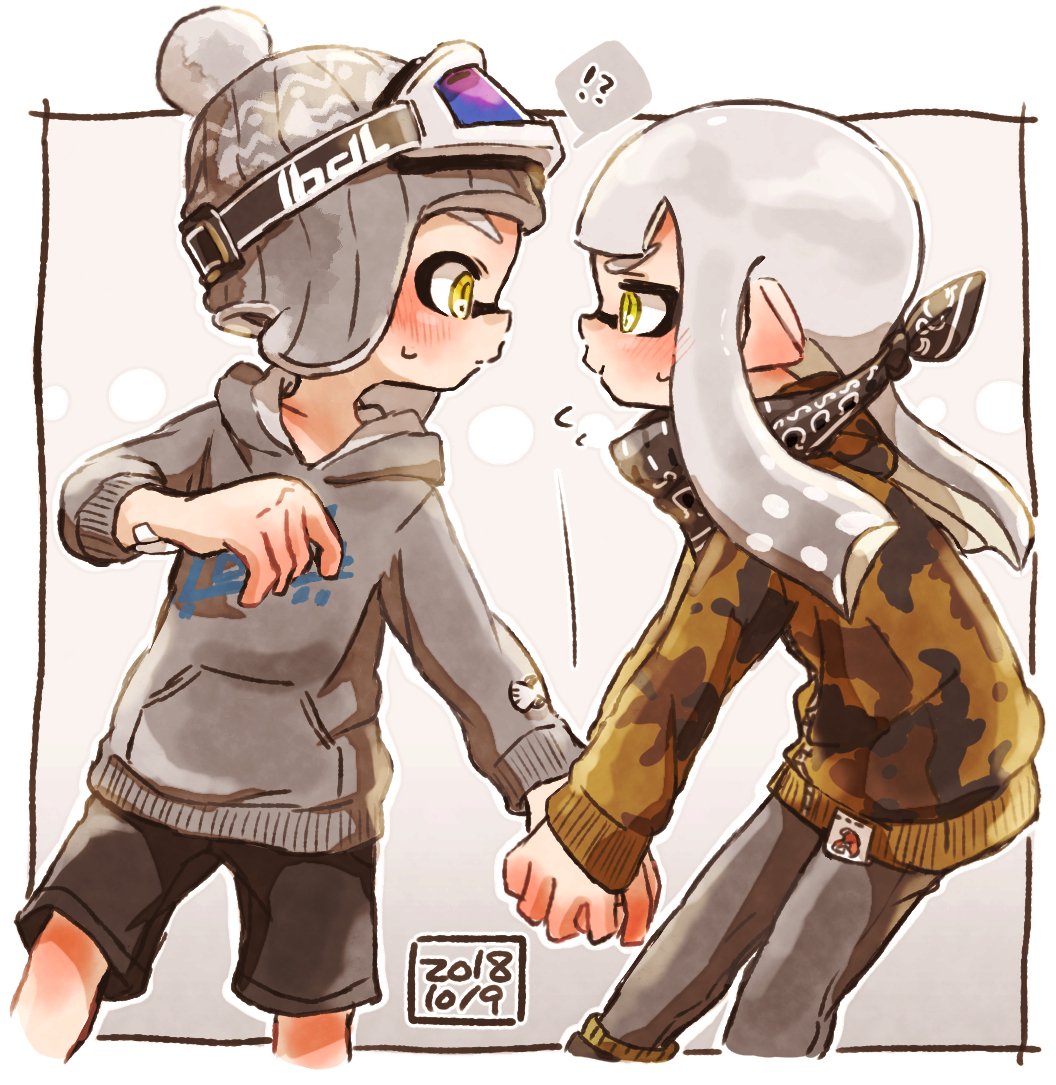 !? 1boy 1girl bandana bangs black_bandana black_border black_shorts blunt_bangs blush bobblehat border brown_jacket camouflage_jacket commentary cropped_legs domino_mask flying_sweatdrops goggles goggles_on_headwear grey_hair grey_headwear grey_pants grey_shirt harutarou_(orion_3boshi) hetero holding_hands hood hoodie jacket leaning_forward logo mask outside_border pants pointy_ears shirt shorts ski_goggles splatoon_(series) splatoon_2 spoken_interrobang sweatdrop tentacle_hair yellow_eyes