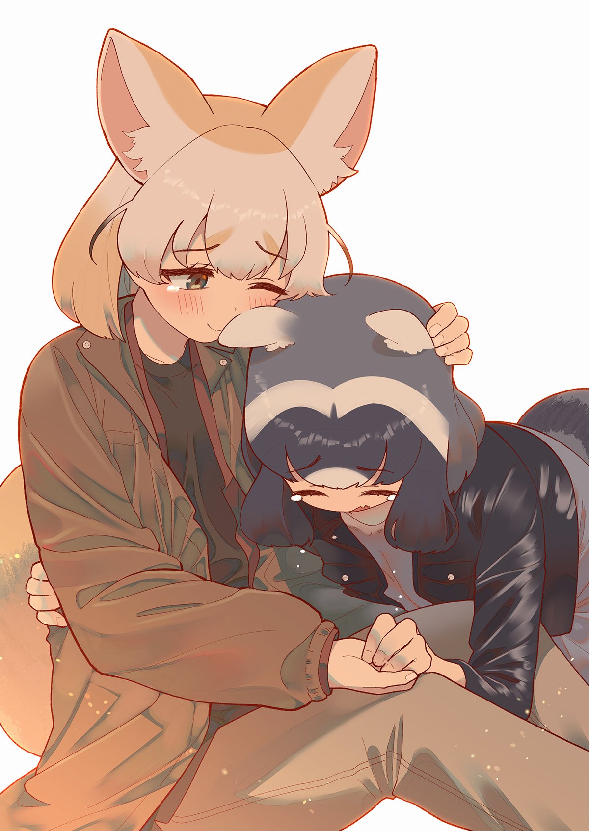 2girls alternate_costume animal_ears beige_pants blonde_hair blush brown_jacket casual commentary_request common_raccoon_(kemono_friends) crying eyebrows_visible_through_hair fang fennec_(kemono_friends) fox_ears fox_girl fox_tail grey_hair hand_on_another's_head head_to_head highres holding_hands jacket kemono_friends leather leather_jacket long_sleeves multicolored_hair multiple_girls nakta one_eye_closed open_mouth pants raccoon_ears raccoon_girl raccoon_tail short_hair tail tears white_hair