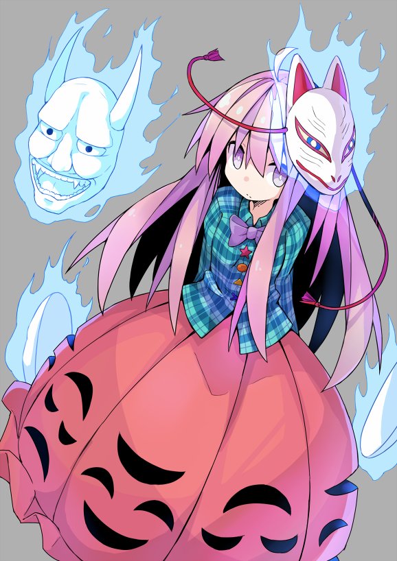 1girl :/ arms_at_sides asameshi blue_fire blue_shirt bow bowtie bright_pupils bubble_skirt circle commentary cowboy_shot cross expressionless fire fox_mask grey_background hair_between_eyes hata_no_kokoro long_hair long_skirt looking_at_viewer mask mask_on_head oni_mask pink_hair pink_skirt plaid plaid_shirt purple_bow purple_bowtie shirt simple_background skirt solo star_(symbol) touhou triangle violet_eyes white_pupils