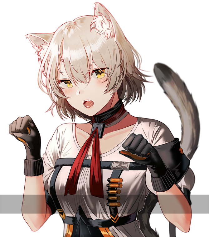 1girl animal_ears blush breasts cowboy_shot girls_frontline gloves grey_hair open_mouth red_neckwear short_hair short_sleeves shy silence_girl solo tail vector_(girls_frontline) wristband yellow_eyes