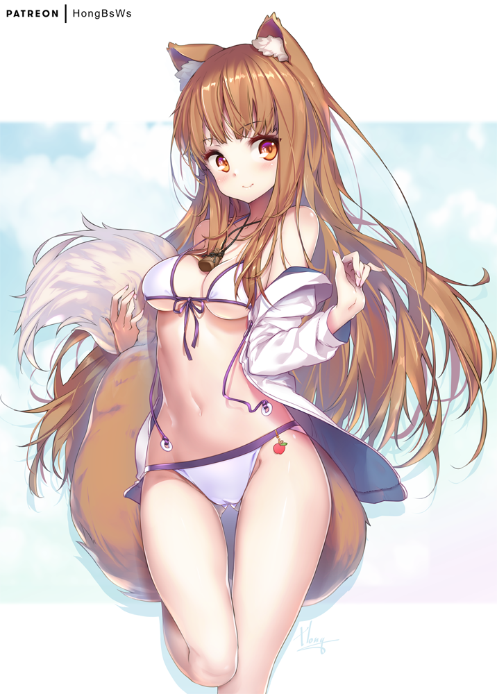 1girl animal_ear_fluff animal_ears apple bangs bare_shoulders bikini brown_hair brown_tail commentary_request eyebrows_visible_through_hair food fruit holo hong_(white_spider) long_hair long_tail looking_at_viewer navel red_eyes smile solo spice_and_wolf swimsuit tail white_bikini white_tail wolf_ears wolf_tail