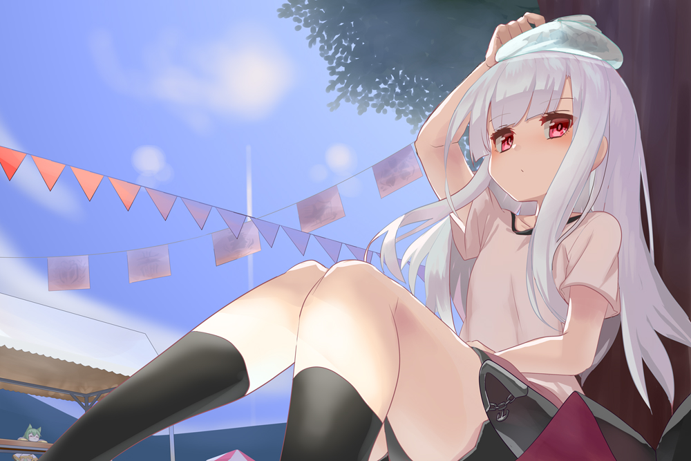 2girls :3 against_tree akashi_(azur_lane) alternate_costume animal_ears araki_(qbthgry) azur_lane bag_on_head bangs black_legwear black_shorts blue_sky blunt_bangs closed_eyes commentary_request day erebus_(azur_lane) expressionless eyebrows_visible_through_hair feet_out_of_frame fox_ears from_below green_hair ice_pack kneehighs knees_together knees_up lens_flare long_hair looking_at_viewer looking_down multiple_girls outdoors red_eyes shirt shorts silver_hair sitting sky solo_focus sports_festival streamers sun t-shirt tree under_tree very_long_hair