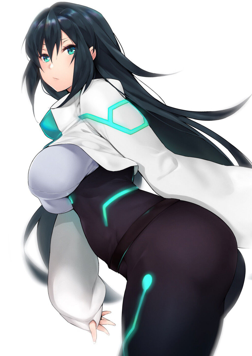 1girl black_bodysuit black_hair bodysuit breasts cropped_legs furrowed_eyebrows glowing green_eyes gundam_build_divers_re:rise highres jacket kurowa large_breasts long_hair long_sleeves may_(gundam_build_divers_re:rise) popped_collar simple_background solo white_background white_jacket