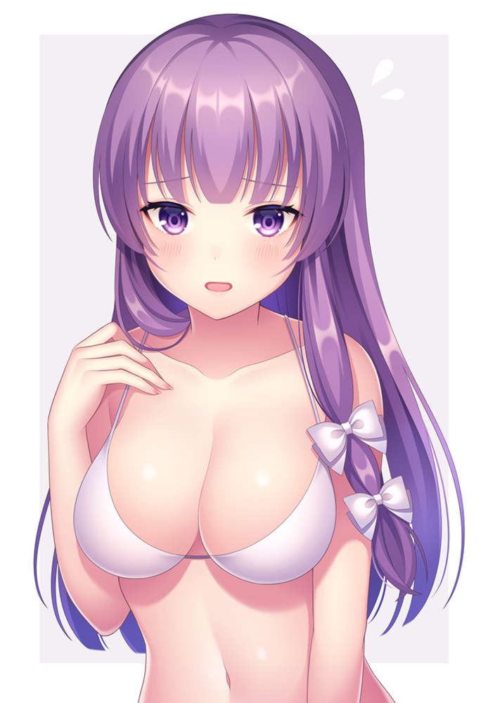 1girl bangs bare_arms bare_shoulders blush border bow bra breasts collarbone commentary_request eyebrows_visible_through_hair flying_sweatdrops grey_background hair_bow hand_on_own_chest hand_up large_breasts long_hair looking_at_viewer navel no_hat no_headwear open_mouth partial_commentary patchouli_knowledge purple_hair sidelocks simple_background solo stomach touhou underwear underwear_only upper_body violet_eyes white_border white_bow white_bra yamayu