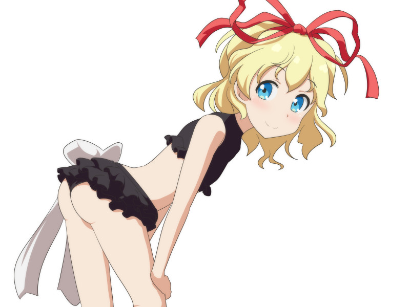 1girl bikini black_bikini blonde_hair blue_eyes bow cato_(monocatienus) commentary_request eyebrows_visible_through_hair frilled_bikini frills hair_ribbon hand_on_own_knee leaning_forward light_smile looking_at_viewer medicine_melancholy partial_commentary red_ribbon ribbon simple_background solo swimsuit touhou white_background white_bow