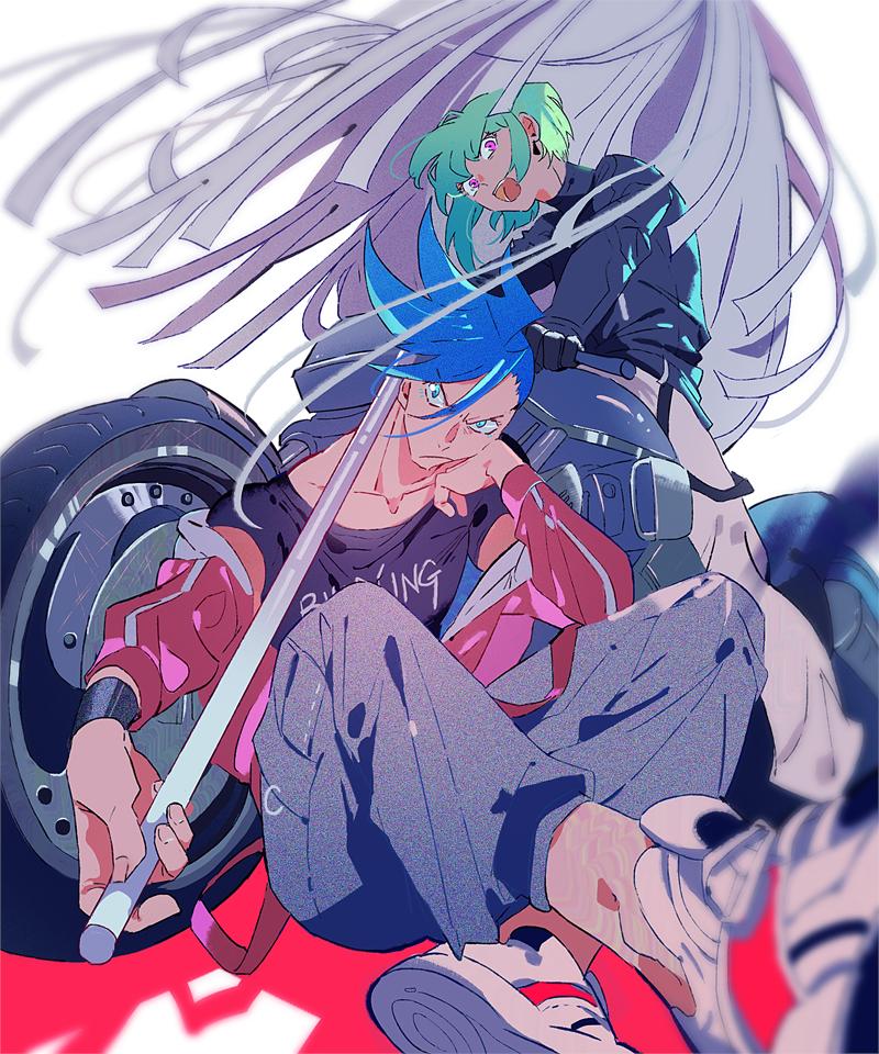 2boys blue_eyes blue_hair casual chin_rest cravat felicia_chen galo_thymos green_hair ground_vehicle indian_style jacket leather leather_jacket lio_fotia male_focus matoi motor_vehicle motorcycle multiple_boys promare red_jacket shoes sitting sneakers violet_eyes