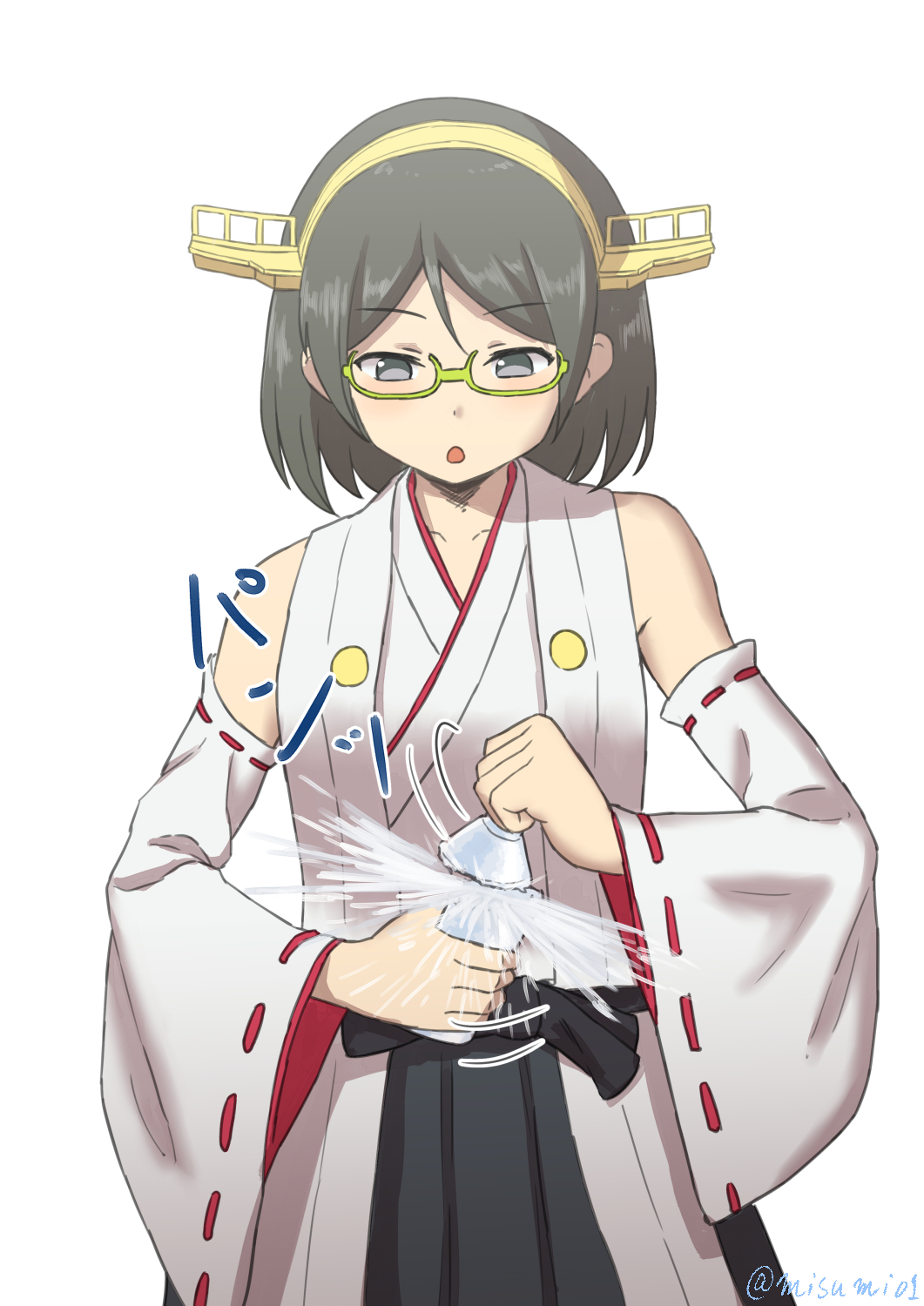 1girl black_hair bottle collarbone commentary_request detached_sleeves glasses grey_eyes hairband highres holding kantai_collection kirishima_(kantai_collection) misumi_(niku-kyu) nontraditional_miko opening pleated_skirt remodel_(kantai_collection) short_hair simple_background skirt solo translation_request twitter_username white_background