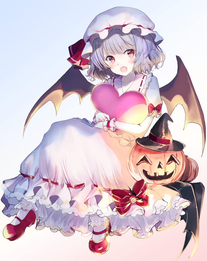 1girl bat_wings black_headwear blue_hair bobby_socks bow cute dress fang halloween happiness_lilys hat hat_ribbon heart looking_at_viewer mary_janes mob_cap moe object_hug open_mouth pink_headwear pumpkin red_eyes red_footwear remilia_scarlet ribbon shoes short_hair simple_background socks solo team_shanghai_alice touhou vampire white_dress wings witch_hat wrist_cuffs wristband