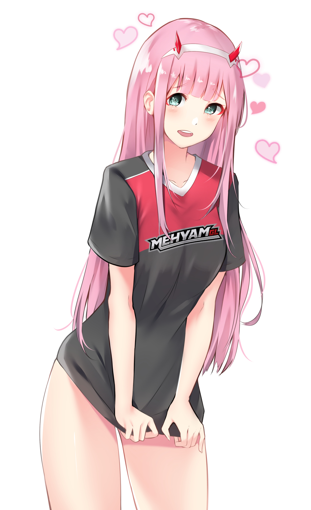 1girl :d black_shirt blush collarbone commission cowboy_shot darling_in_the_franxx green_eyes hairband heart highres horns leaning_forward long_hair looking_at_viewer naked_shirt okamired open_mouth pink_hair print_shirt shiny shiny_hair shirt shirt_tug short_sleeves simple_background smile solo standing straight_hair very_long_hair white_background white_hairband zero_two_(darling_in_the_franxx)