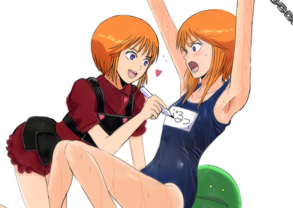 2girls armpits arms_up blue_eyes blue_swimsuit chain character_name collarbone elpeo_puru gacha-m gundam gundam_zz haro heart long_hair multiple_girls orange_hair puru_two red_shirt red_shorts school_swimsuit shiny shiny_hair shirt short_hair short_shorts short_sleeves shorts simple_background sweatdrop swimsuit white_background