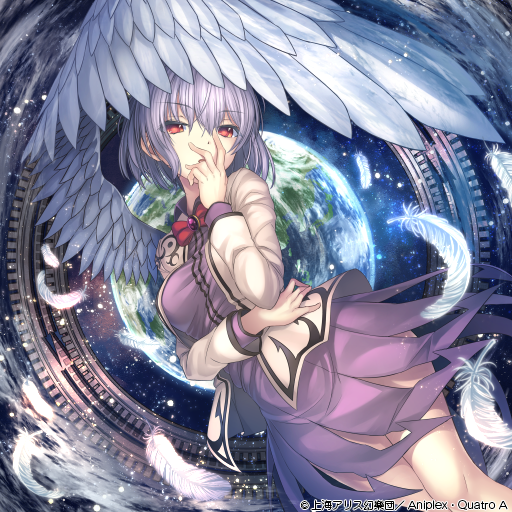 1girl bangs bow bowtie breasts brooch commentary_request covering_mouth dress earth eyebrows_visible_through_hair feathered_wings feathers feet_out_of_frame grey_jacket hair_between_eyes hand_up jacket janne_cherry jewelry kishin_sagume light_particles long_sleeves looking_at_viewer medium_breasts open_clothes open_jacket purple_dress red_bow red_eyes red_neckwear short_dress short_hair silver_hair single_wing solo thighs touhou touhou_cannonball white_wings wings