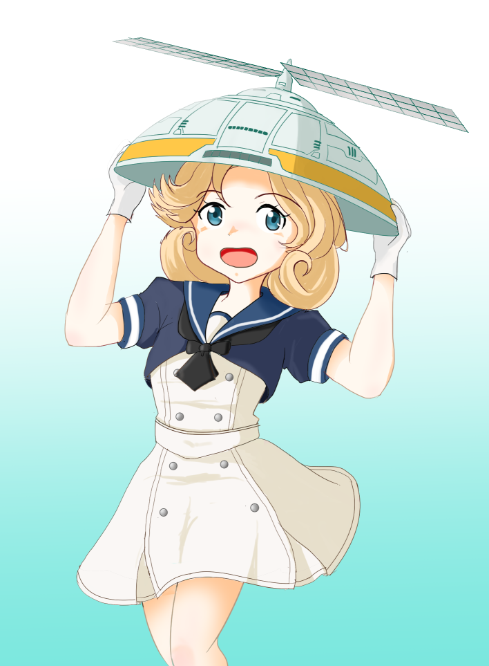 1girl bangs blonde_hair blue_background blue_eyes blue_sailor_collar commentary_request cowboy_shot dress gloves gradient gradient_background hat janus_(kantai_collection) kantai_collection looking_at_viewer mirzanes open_mouth parted_bangs propeller sailor_collar sailor_dress sailor_hat short_hair short_sleeves solo white_dress white_gloves white_headwear