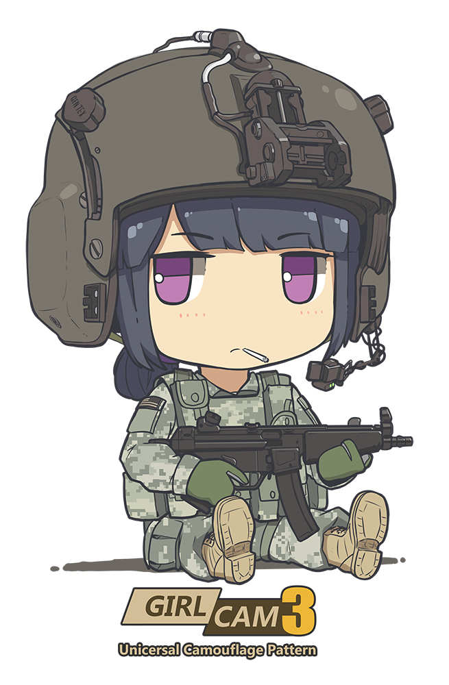 1girl american_flag blue_hair boots camouflage cigarette combat_boots gun headset helmet military military_uniform original sitting smoking speaker tantu_(tc1995) uniform violet_eyes weapon