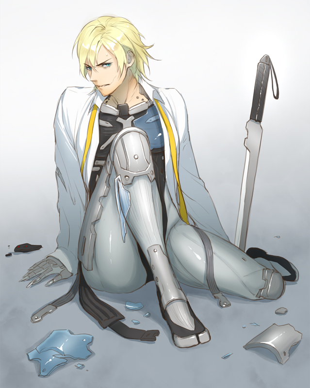 1boy blonde_hair cyborg full_body long_sleeves looking_at_viewer male_focus metal_gear_(series) nagi_(siki2n) raiden short_hair sitting solo sword weapon