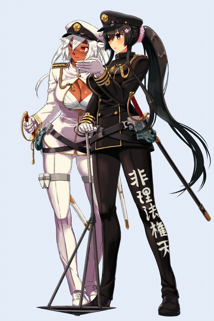 2girls aiguillette alternate_costume blush breasts brown_hair cleavage_cutout commentary_request dark_skin full_body glasses gloves grey_background hat holding holding_sword holding_weapon jacket kaku_choushi kantai_collection large_breasts lips long_hair long_sleeves looking_to_the_side military military_hat military_uniform multiple_girls musashi_(kantai_collection) naval_uniform orange_eyes pants peaked_cap pointing ponytail sarashi scrunchie semi-rimless_eyewear sheath sheathed simple_background standing sword twintails under-rim_eyewear uniform weapon white_gloves white_hair yamato_(kantai_collection) yellow_eyes