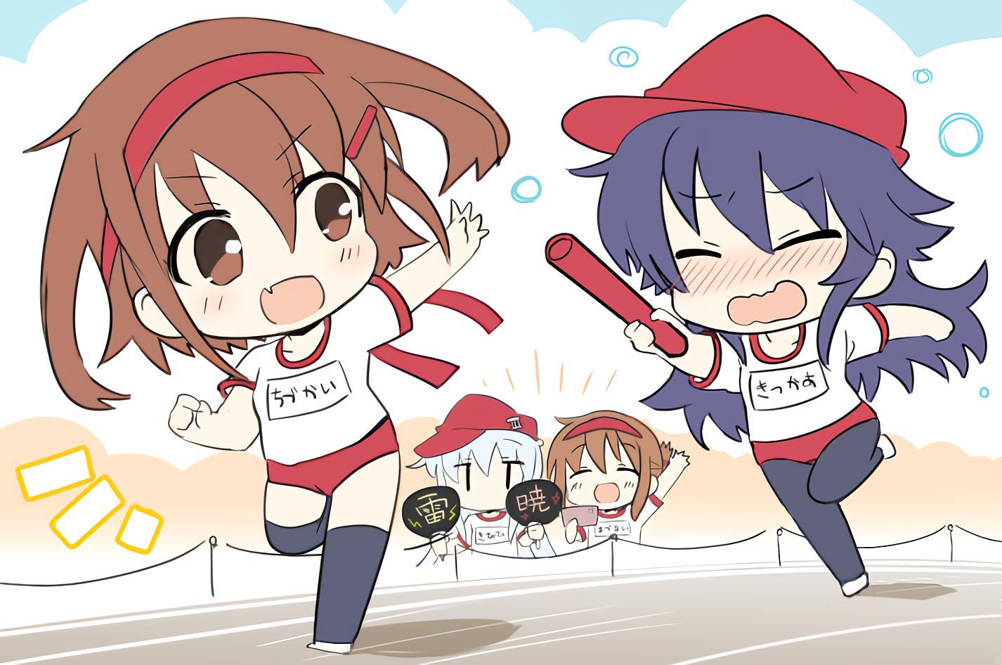 1girl akatsuki_(kantai_collection) baton black_legwear brown_hair buruma chibi closed_eyes commentary_request gym_uniform hair_ornament hairband hairclip hibiki_(kantai_collection) hizuki_yayoi ikazuchi_(kantai_collection) inazuma_(kantai_collection) kantai_collection long_hair messy_hair name_tag pantyhose purple_hair red_buruma red_hairband red_headwear runing running short_hair solo thigh-highs