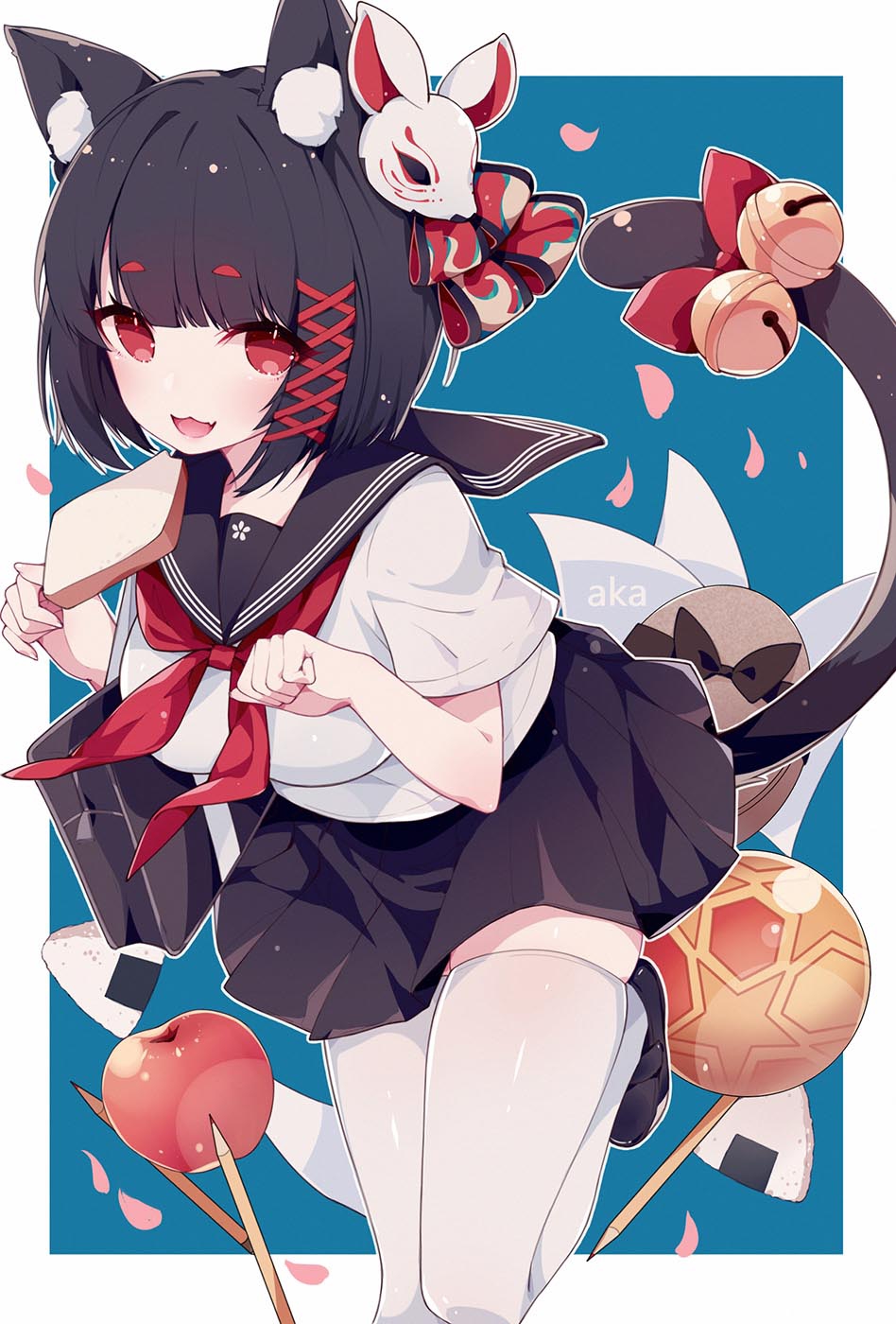 1girl animal_ear_fluff animal_ears apple azur_lane bag bangs bell black_hair black_sailor_collar black_skirt blunt_bangs breasts cat_ears cat_tail eyebrows_visible_through_hair fang food fruit fukurou_(hvgd5584) highres jingle_bell knee_up large_breasts leaning_forward looking_at_viewer mask mask_on_head neckerchief onigiri open_mouth paw_pose pleated_skirt red_eyes red_neckwear sailor_collar school_bag school_uniform serafuku shirt short_hair short_sleeves skirt smile solo tail tail_bell thigh-highs toast white_legwear white_shirt yamashiro_(azur_lane) yamashiro_(street_corner_offensive!)_(azur_lane)