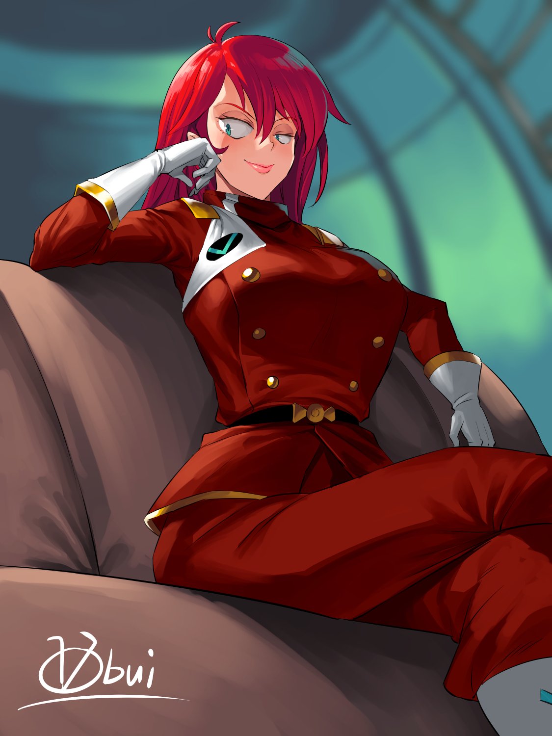 1girl ahoge bangs belt closed_mouth commentary_request couch crossed_legs double-breasted emblem fushigi_no_umi_no_nadia gloves grandis_granva green_eyes hand_on_own_cheek highres indoors long_hair looking_to_the_side military military_uniform obui pink_lips redhead signature sitting smile uniform white_footwear white_gloves