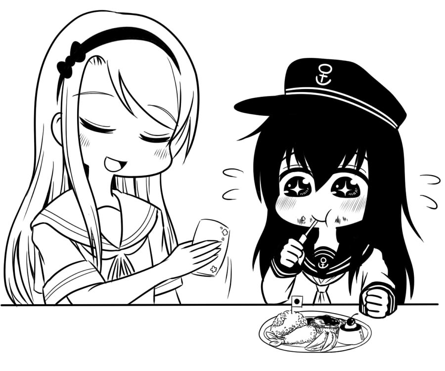 +_+ 2girls akatsuki_(kantai_collection) anchor_symbol bow clenched_hand closed_eyes daifuku_(usagi_pie) eating flat_cap flying_sweatdrops food food_on_face hairband hat japanese_flag kantai_collection mini_flag monochrome multiple_girls okosama_lunch open_mouth sagiri_(kantai_collection) school_uniform serafuku shrimp shrimp_tempura smile tempura